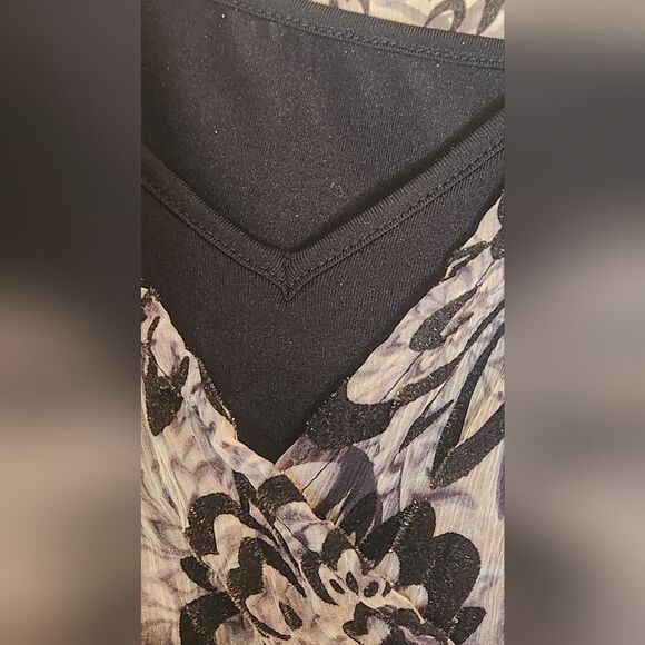 Eci 8 Gray Black 100% SILK LSlv Zipp Flocking Floral Print V-neck Women Blouse - Picture 11 of 12